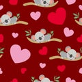 St ValentineÃ¢â¬â¢s Day. Seamless pattern. Baby koala sleeping on eucalyptus tree. Funny and cute. Red, pink hearts. Maroon Royalty Free Stock Photo