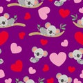 St ValentineÃ¢â¬â¢s Day. Seamless pattern. Baby koala sleeping on eucalyptus tree. Funny and cute. Red, pink hearts. Purple Royalty Free Stock Photo