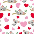 St ValentineÃ¢â¬â¢s Day. Seamless pattern. Baby koala sleeping on eucalyptus tree. Funny and cute. Red, pink hearts. White background Royalty Free Stock Photo