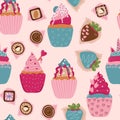 St. Valentine s Day seamless pattern with ice cream, cupcakes, hearts and strawberry on light pink background. Perfect Royalty Free Stock Photo