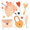 St. Valentine`s Day set. Key, heart-shaped lock, candies, quill, envelope and human heart pierced with arrow Royalty Free Stock Photo