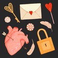 St. Valentine`s Day set. Key, lock, candies, bird feathers, envelope and heart pierced with arrow on a black background Royalty Free Stock Photo