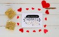 St Valentine`s Day vintage overhead composition of hearts and greeting Royalty Free Stock Photo