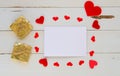 St Valentine`s Day vintage overhead composition of hearts and greeting Royalty Free Stock Photo