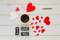 St Valentine`s Day vintage overhead composition with I love you confession Royalty Free Stock Photo