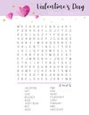 St. Valentine`s Day word search puzzle. Educational game for learning English. Party card.
