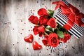 St Valentine's setting with bouquet of red roses in retro gift b