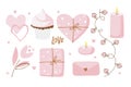 St. Valentine's Day or Wedding decorative elements and Love text. Muffin, hearts, gifts, envelope, flower, candles