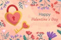 St. Valentines Day background design with Lock and key in heart shape, gold and pink color with floral frame. Greeting Royalty Free Stock Photo