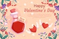 St. Valentines Day background design with Love potion bottle two heart with wings demon and angel, flower frame on beige