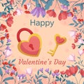 St. Valentines Day design with Lock and key in heart shape, gold and pink color with floral frame. Greeting card, square Royalty Free Stock Photo