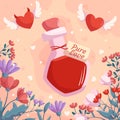 St. Valentines Day design with Love potion bottle two heart with wings demon and angel, flower frame on beige back