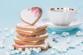 St valentines day flat lay with glazed heart shaped cookies