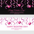 St Valentines day horizontal banners with pink streamers and hearts