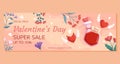 St. Valentines Day horizontal Super Sale banner template design. Love potion bottle two heart with wings demon and angel