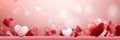 St. Valentines day, wedding banner with abstract illustrated red, pink flying hearts on pink bokeh background. Use for Royalty Free Stock Photo