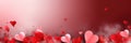 St. Valentines day, wedding banner with abstract illustrated red, pink flying hearts on pink grey background. Use for