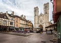 St Vincents Cathedral and cafe culture in Place St Vincent, Chalon sur Saone, Burgundy, France