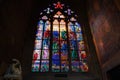 The cathedral\'s interior and the beautiful stained glass.