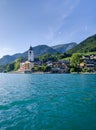 St. Wolfgang, Austria - August 16, 2019: Beautiful view from the lake to the architecture of the city of St. Wolfgang against the Royalty Free Stock Photo