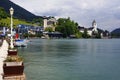 St. Wolfgang im Salzkammergut the shore of the lake and Catholic St. Wolfgang\'s Church in background. Austria, Europe.