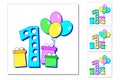 1st year anniversary celebration card. Greeting card with number 1, colorful balloons and gifts. Set of different color cards for