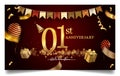 1st year anniversary design for greeting cards and invitation, with balloon, confetti and gift box, elegant design with gold and Royalty Free Stock Photo