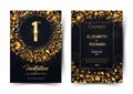 1st year birthday vector black paper luxury invitation double card. One year wedding anniversary celebration brochure