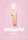 1st year, first anniversary event celebration, birthday greeting card for baby, 3d candle Royalty Free Stock Photo