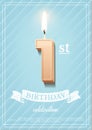 1st year, first anniversary event celebration, birthday greeting card for baby, 3d candle Royalty Free Stock Photo