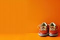 Stability and cushion running shoes. New unbranded running sneaker or trainer on orange background. Mens sport footwear