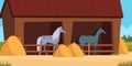 Stable for horse. Care for domestic animal strong horses eating equestrian equipment concept vector cartoon background