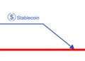 Stablecoin crash in downtrend. Stable coin price falls down. Cryptocurrency crisis falling coin icon and arrow vector