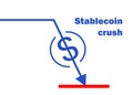 Stablecoin crash in downtrend. Stable coin price falls down. Cryptocurrency crisis falling coin icon and arrow vector