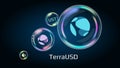 Stablecoin TerraUSD UST token symbol in soap bubble. Cryptocurrency price falls down, trading crisis and crash. The financial