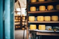 stack of aged cheese wheels in a cheese-aging cellar Royalty Free Stock Photo