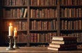 Stack of aged leather books on rustic wooden table. Two burning candles in ornate holders cast warm, soft light. Blurred old Royalty Free Stock Photo