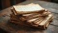 Stack of aged paper sheets with handwriting visible. Close up view of old documents on wooden surface. Vintage letters carry Royalty Free Stock Photo