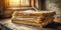 A stack of aged papers bound by twine, rests on a rustic wooden surface, bathed in warm sunlight streaming through a window. Royalty Free Stock Photo