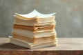 A stack of aged papers rests on a rustic wooden surface, evoking a sense of history and storytelling. Generative AI Royalty Free Stock Photo