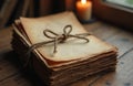 Stack of aged papers tied with twine, rustic parchment texture. Worn edges, rough material detail, handwritten notes or letters, Royalty Free Stock Photo