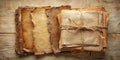 A stack of aged, tied papers and tattered documents rests on a rustic wooden surface. Generative AI Royalty Free Stock Photo
