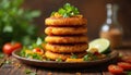 Stack of aloo tikki arranged on plate. Potato patties present attractive, appetizing display. Culinary presentation includes Royalty Free Stock Photo
