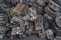 Stack of aluminium alloy cylinder head for recycling. Scrap engines parts