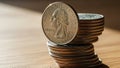 A stack of American quarters arranged vertically on a wooden surface Royalty Free Stock Photo