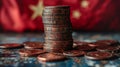 Stack of Ancient Chinese Coins Against a Vibrant Flag Background, Symbol of Economic Strength