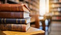 Stack of antique leather books in library. literature or reading concept, copy space