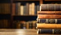 Stack of antique leather books in library. literature or reading concept, copy space