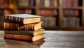 Stack of antique leather books in library. literature or reading concept, copy space