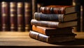 Stack of antique leather books in library. literature or reading concept, copy space